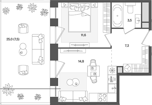 Планировка однокомнатная 44.7 м² в ЖК «Пейв», корпус 4