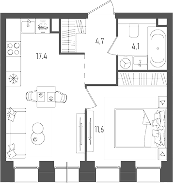 Планировка евродвушка (2Е) 37.8 м² в ЖК «Пейв», корпус 1