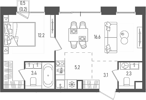 Планировка евродвушка (2Е) 44.3 м² в ЖК «Пейв», корпус 1