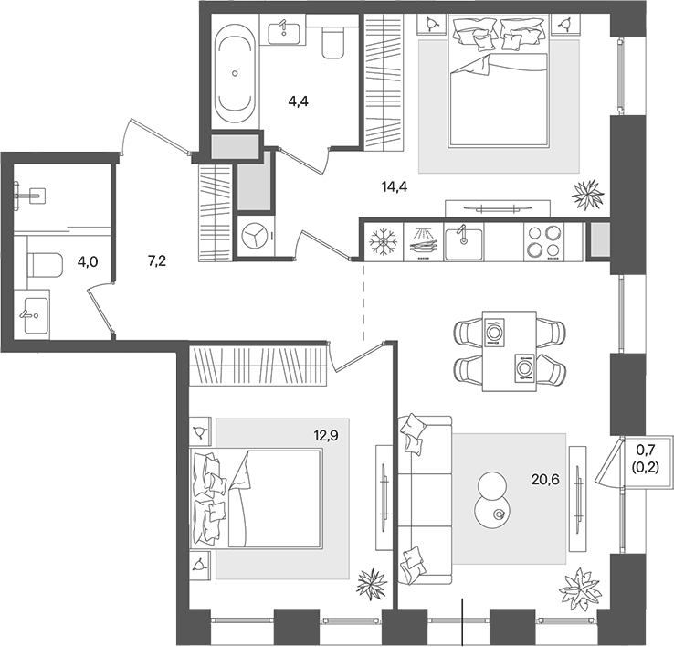 Планировка евротрёшка (3Е) 63.7 м² в ЖК «Пейв», корпус 4