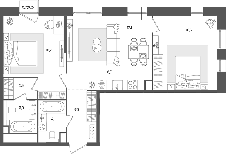 Планировка евротрёшка (3Е) 75.4 м² в ЖК «Пейв», корпус 4