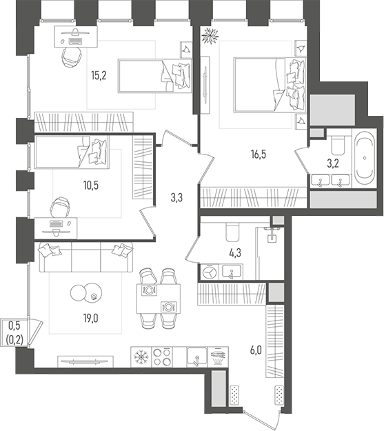 Планировка евро-4 (4Е) 78.2 м² в ЖК «Пейв», корпус 1