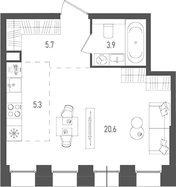 Планировка Студии 35.5 м² в ЖК «Пейв», корпус 1