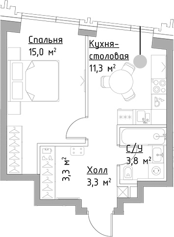 Планировка однокомнатная 36.7 м² в ЖК «Левел Павелецкая Сити», корпус 15 Импульс