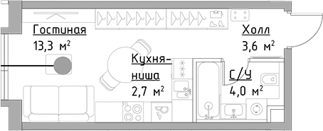 Планировка Студии 23.6 м² в ЖК «Левел Павелецкая Сити», корпус 13 Горизонт