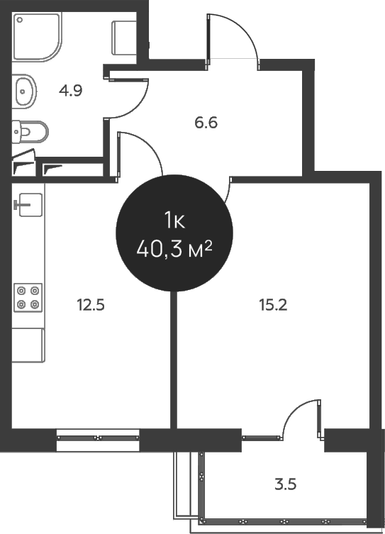 Планировка однокомнатная 40.3 м² в ЖК «Павлово 3», корпус 3