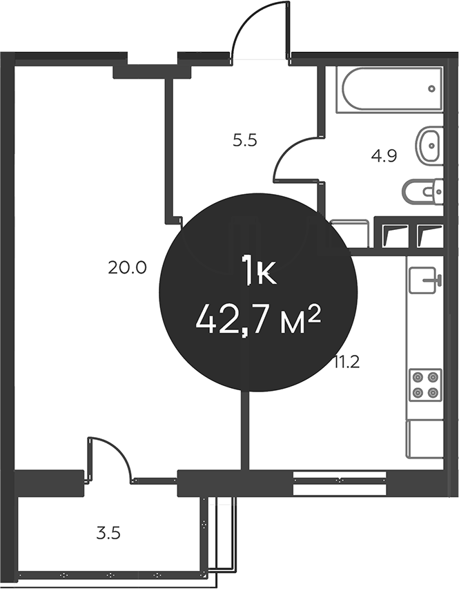 Планировка однокомнатная 42.7 м² в ЖК «Павлово 3», корпус 4