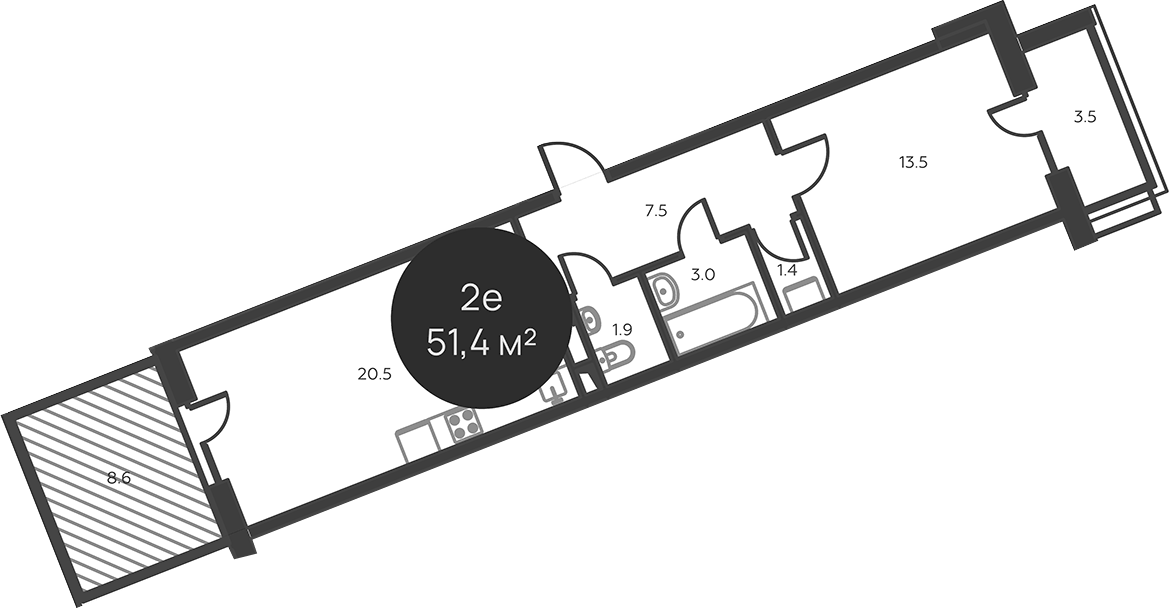 Планировка евродвушка (2Е) 51.4 м² в ЖК «Павлово 3», корпус 4