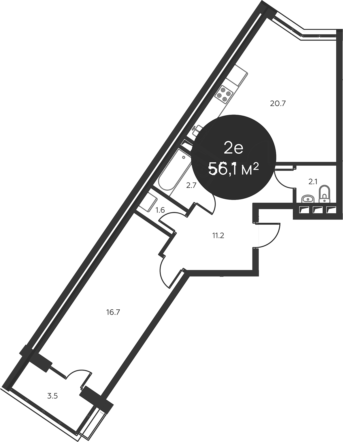 Планировка евродвушка (2Е) 56.1 м² в ЖК «Павлово 3», корпус 4