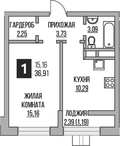 Планировка однокомнатная 36.91 м² в ЖК «Гранель Пехра», корпус 8