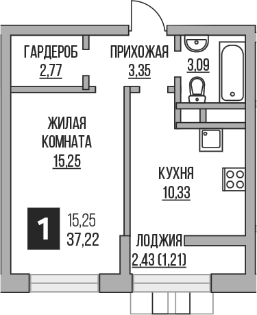 Планировка однокомнатная 37.22 м² в ЖК «Гранель Пехра», корпус 8