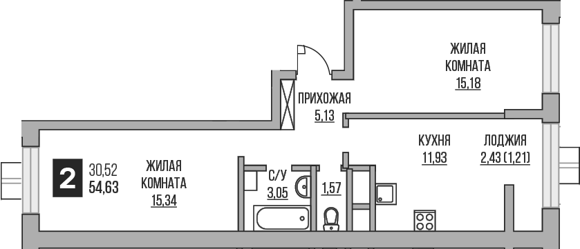 Планировка двухкомнатная 54.63 м² в ЖК «Гранель Пехра», корпус 8