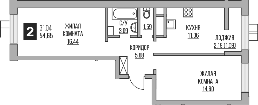 Планировка двухкомнатная 54.65 м² в ЖК «Гранель Пехра», корпус 8