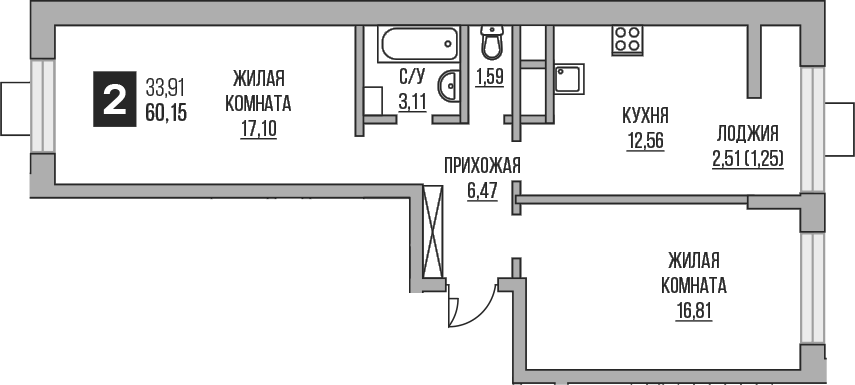 Планировка двухкомнатная 60.15 м² в ЖК «Гранель Пехра», корпус 8