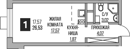 Планировка Студии 26.53 м² в ЖК «Гранель Пехра», корпус 8