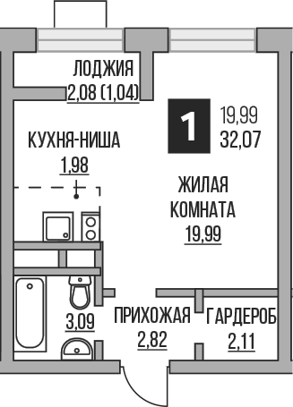 Планировка Студии 32.07 м² в ЖК «Гранель Пехра», корпус 8