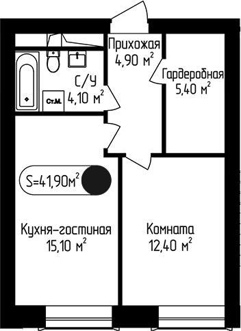 Планировка однокомнатная 41.9 м² в ЖК «Пение Птиц», корпус 3