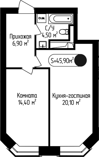 Планировка однокомнатная 45.9 м² в ЖК «Пение Птиц», корпус 3