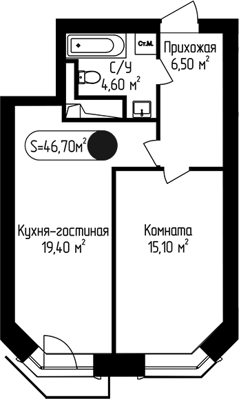 Планировка однокомнатная 46.7 м² в ЖК «Пение Птиц», корпус 3