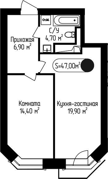 Планировка однокомнатная 47 м² в ЖК «Пение Птиц», корпус 3
