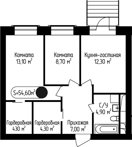 Планировка двухкомнатная 54.6 м² в ЖК «Пение Птиц», корпус 3