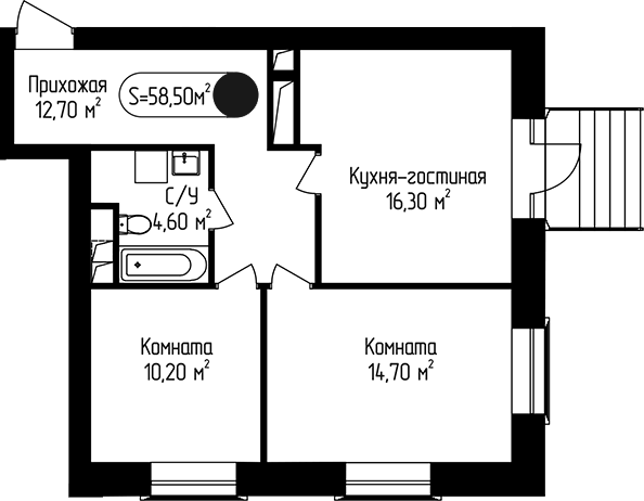 Планировка двухкомнатная 58.5 м² в ЖК «Пение Птиц», корпус 3