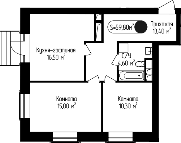 Планировка двухкомнатная 59.8 м² в ЖК «Пение Птиц», корпус 3