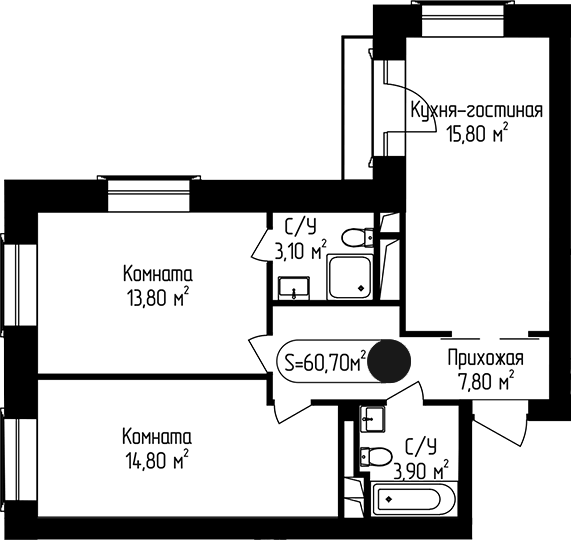 Планировка двухкомнатная 60.7 м² в ЖК «Пение Птиц», корпус 3