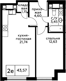 Планировка евродвушка (2Е) 45.19 м² в ЖК «Пятницкое 58», корпус 1