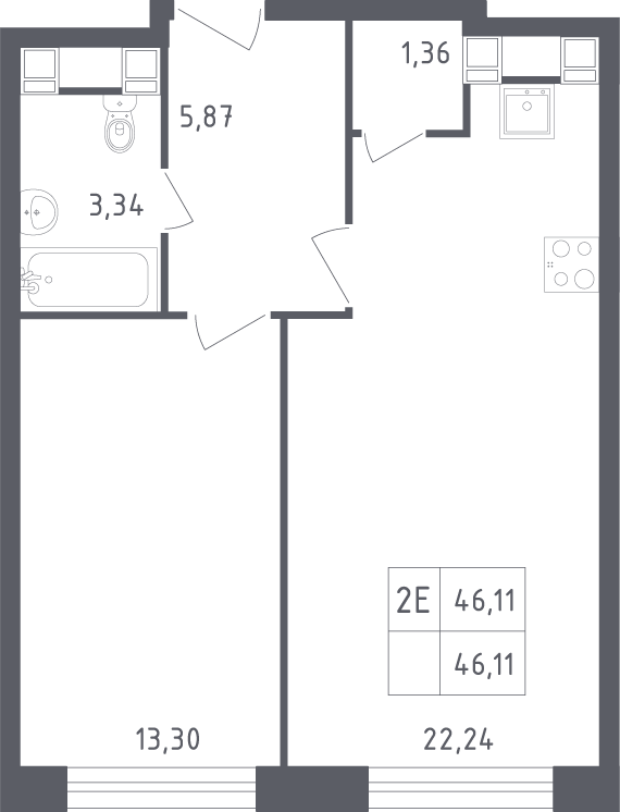 Планировка евродвушка (2Е) 46.11 м² в ЖК «Пятницкое 58», корпус 1