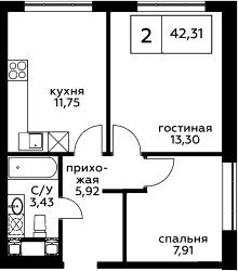 Планировка двухкомнатная 42.31 м² в ЖК «Пятницкое 58», корпус 1