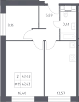 Планировка двухкомнатная 47.43 м² в ЖК «Пятницкое 58», корпус 1
