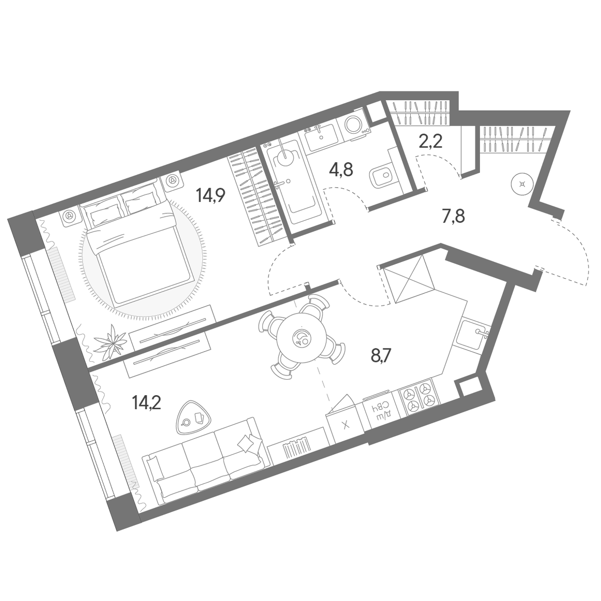 Планировка евродвушка (2Е) 52.6 м² в ЖК «Родина Переделкино», корпус 4