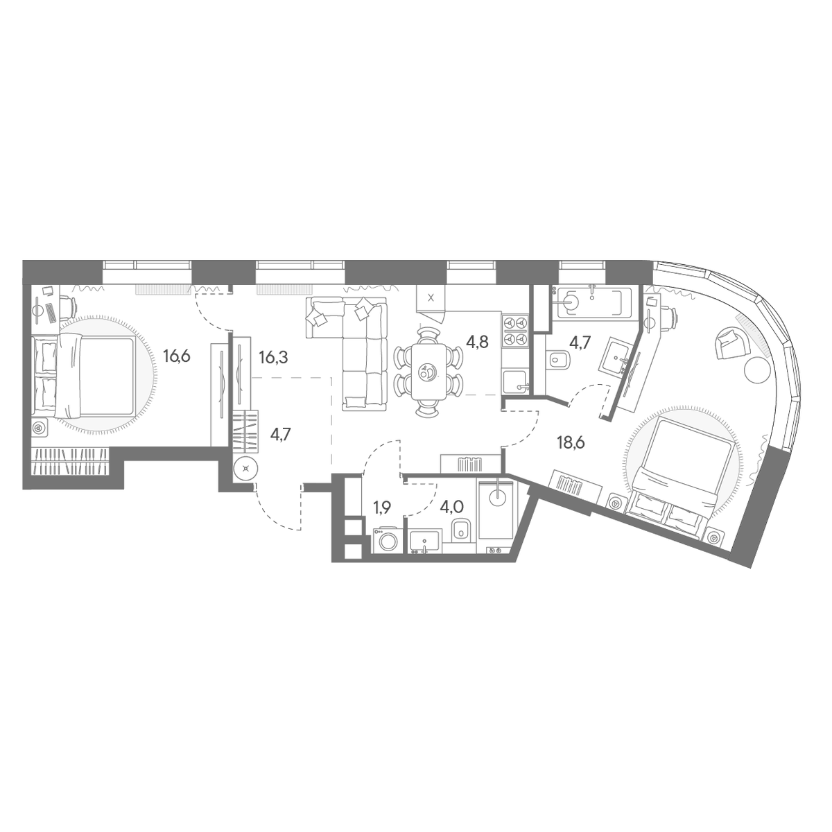 Планировка евротрёшка (3Е) 71.6 м² в ЖК «Родина Переделкино», корпус 4