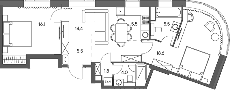 Планировка евротрёшка (3Е) 71.4 м² в ЖК «Родина Переделкино», корпус 2