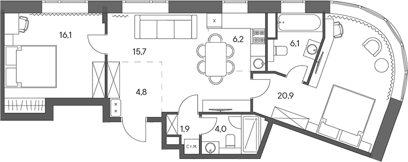 Планировка евротрёшка (3Е) 75.7 м² в ЖК «Родина Переделкино», корпус 1