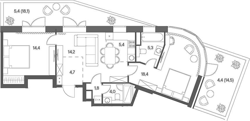 Планировка евротрёшка (3Е) 78 м² в ЖК «Родина Переделкино», корпус 2