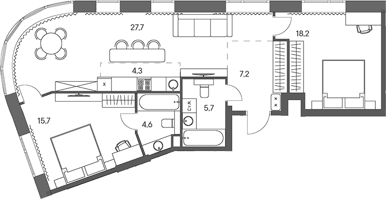 Планировка евротрёшка (3Е) 83.4 м² в ЖК «Родина Переделкино», корпус 2
