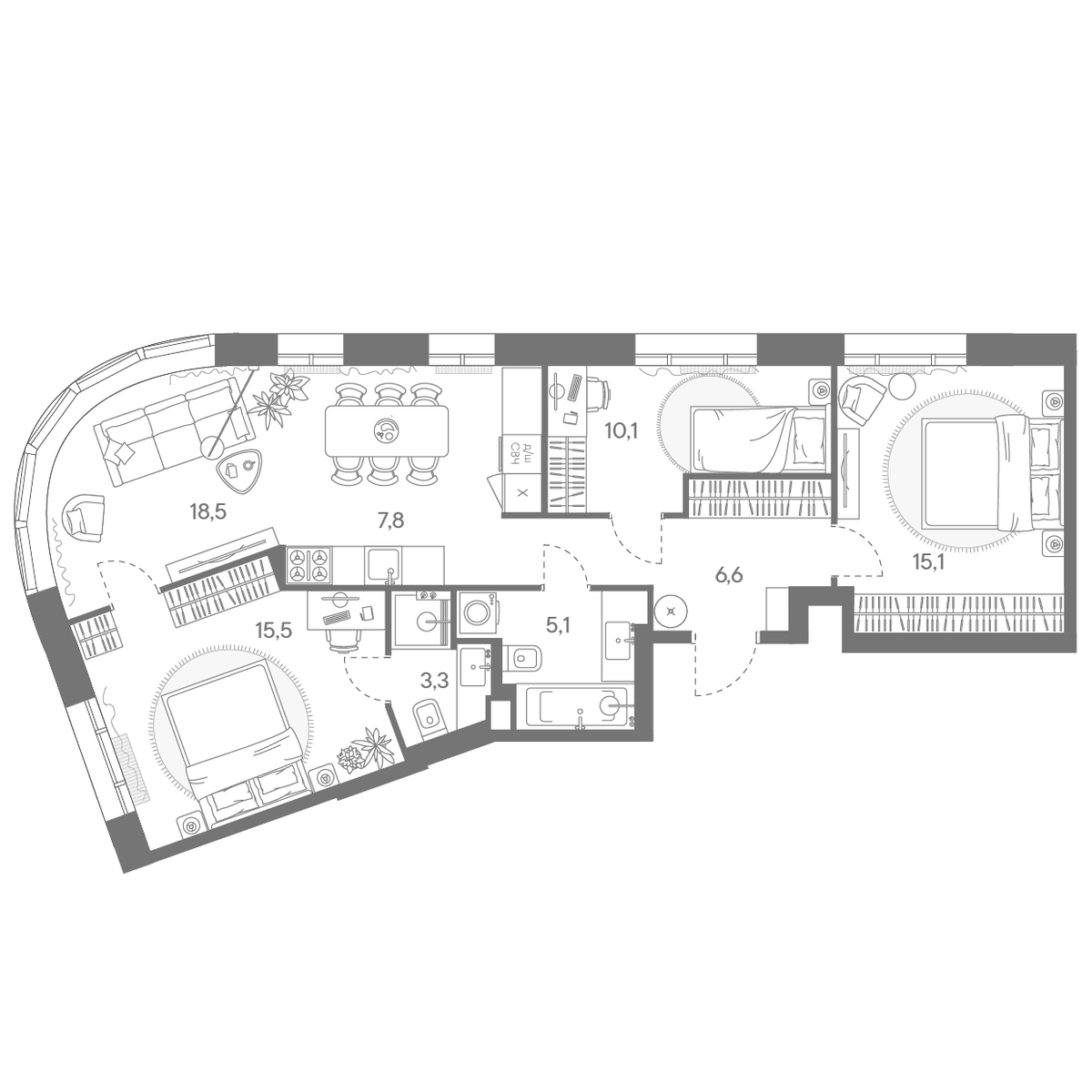 Планировка евро-4 (4Е) 82 м² в ЖК «Родина Переделкино», корпус 4