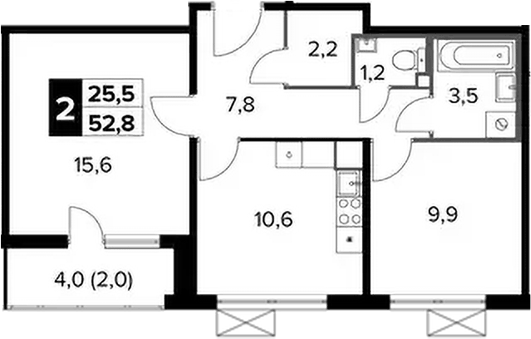 Планировка двухкомнатная 52.8 м² в ЖК «1-й Ленинградский», корпус 5