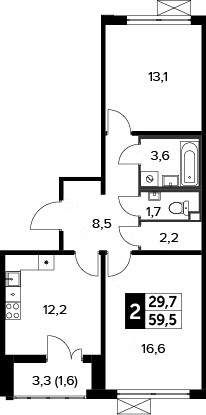 Планировка двухкомнатная 59.5 м² в ЖК «1-й Ленинградский», корпус 6
