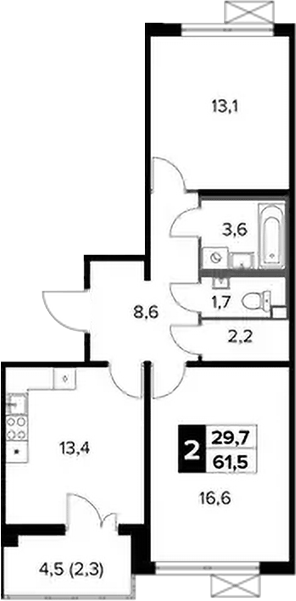 Планировка двухкомнатная 61.5 м² в ЖК «1-й Ленинградский», корпус 5