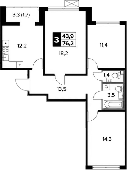 Планировка трёхкомнатная 76.2 м² в ЖК «1-й Ленинградский», корпус 5