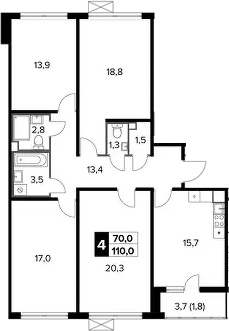 Планировка четырёхкомнатная 110 м² в ЖК «1-й Ленинградский», корпус 5