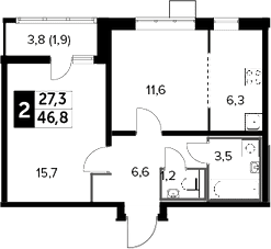 Планировка евродвушка (2Е) 46.8 м² в ЖК «1-й Лермонтовский», корпус 4.1