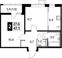 Планировка евродвушка (2Е) 47.3 м² в ЖК «1-й Лермонтовский», корпус 4.1