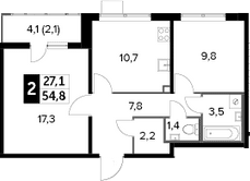 Планировка двухкомнатная 54.8 м² в ЖК «1-й Лермонтовский», корпус 5.1