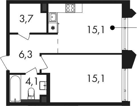 Планировка однокомнатная 44.3 м² в ЖК «Петровский Парк II», корпус 1