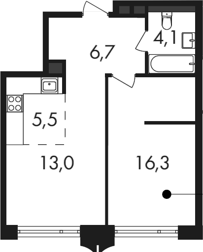 Планировка евродвушка (2Е) 45.6 м² в ЖК «Петровский Парк II», корпус 1