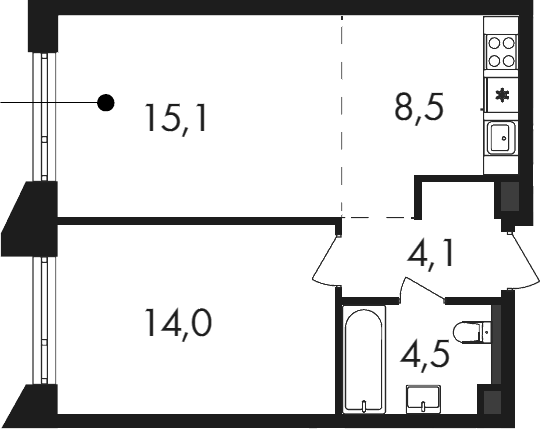 Планировка евродвушка (2Е) 46.2 м² в ЖК «Петровский Парк II», корпус 1